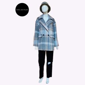 AVEC LES FILLES NEW Plaid Double Breast Flap Pockets Peacoat L